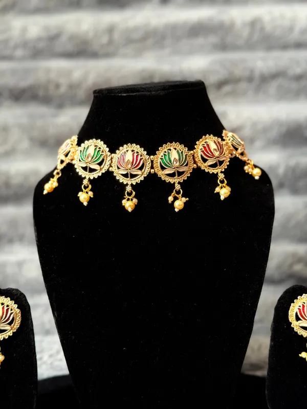 Multicolour_And_Gold_Royal_Lotus_Meenakari_Choker_Set_Premium_Bridal_Festive_Jewellery_With_Earrings_For_Women