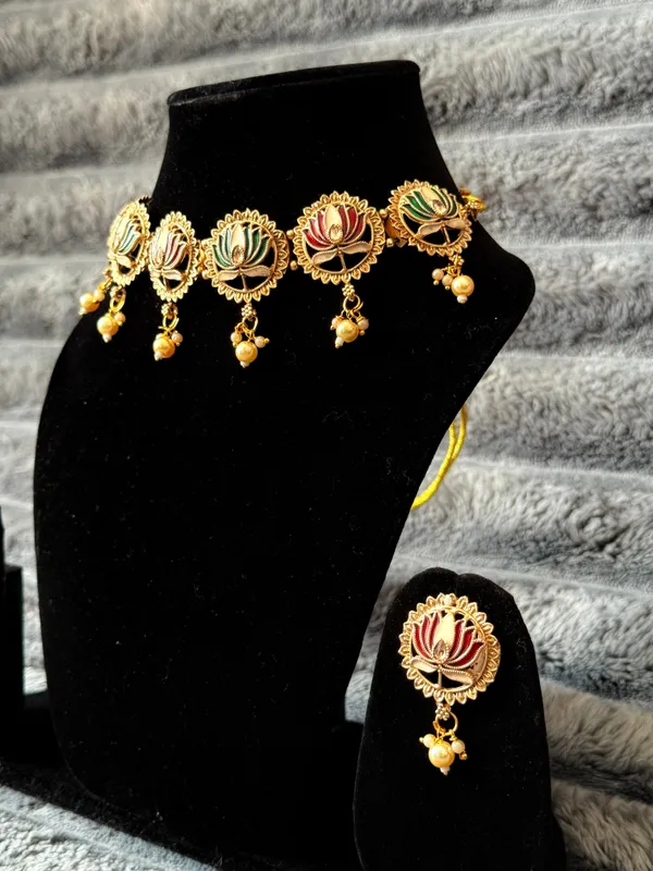 Multicolour_And_Gold_Royal_Lotus_Meenakari_Choker_Set_Premium_Bridal_Festive_Jewellery_With_Earrings_For_Women