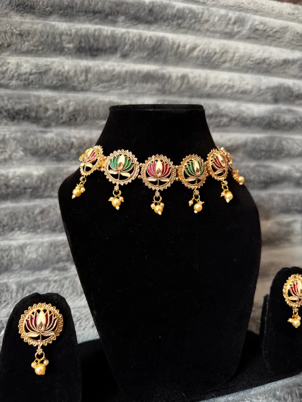 Multicolour_And_Gold_Royal_Lotus_Meenakari_Choker_Set_Premium_Bridal_Festive_Jewellery_With_Earrings_For_Women