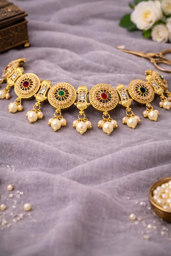 Antique_Gold_And_Pearl_Golden_Look_Choker_Necklace_Set_For_Women