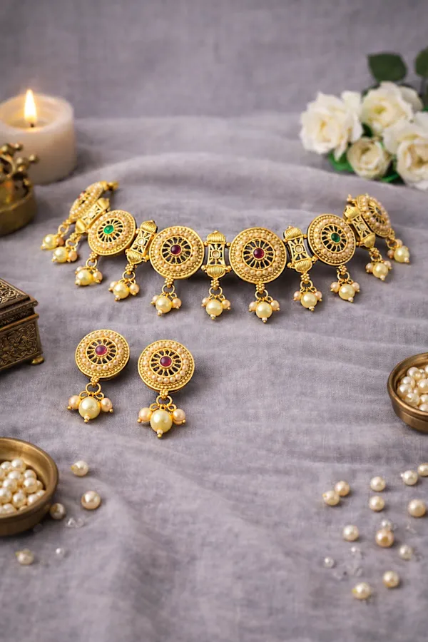 Antique_Gold_And_Pearl_Golden_Look_Choker_Necklace_Set_For_Women