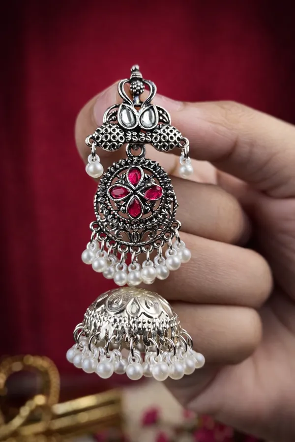 Silver_And_Ruby_Red_Antique_Finish_Jhumka_With_Pearls_For_Women