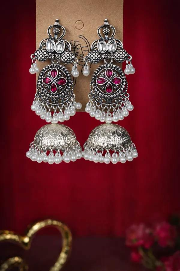 Silver_And_Ruby_Red_Antique_Finish_Jhumka_With_Pearls_For_Women