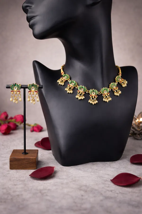 Green_And_Gold_Lotus_Pearl_Necklace_Set_Elegant_Lightweight_Ethnic_Jewellery_For_Women