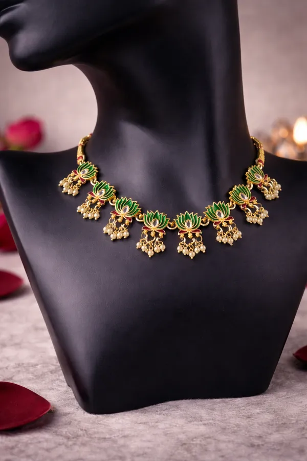 Green_And_Gold_Lotus_Pearl_Necklace_Set_Elegant_Lightweight_Ethnic_Jewellery_For_Women