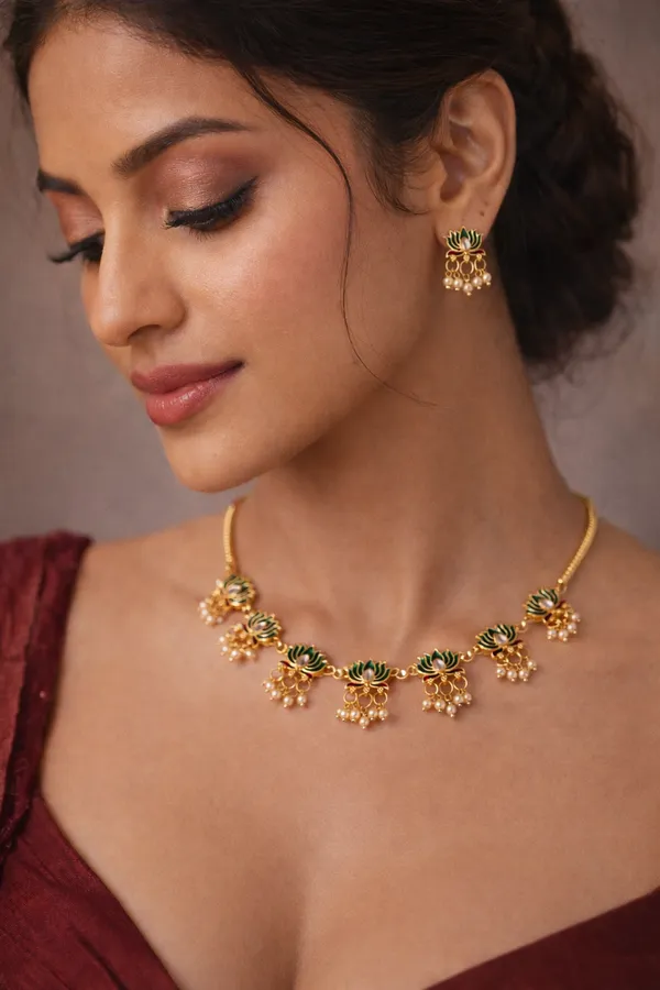 Green_And_Gold_Lotus_Pearl_Necklace_Set_Elegant_Lightweight_Ethnic_Jewellery_For_Women