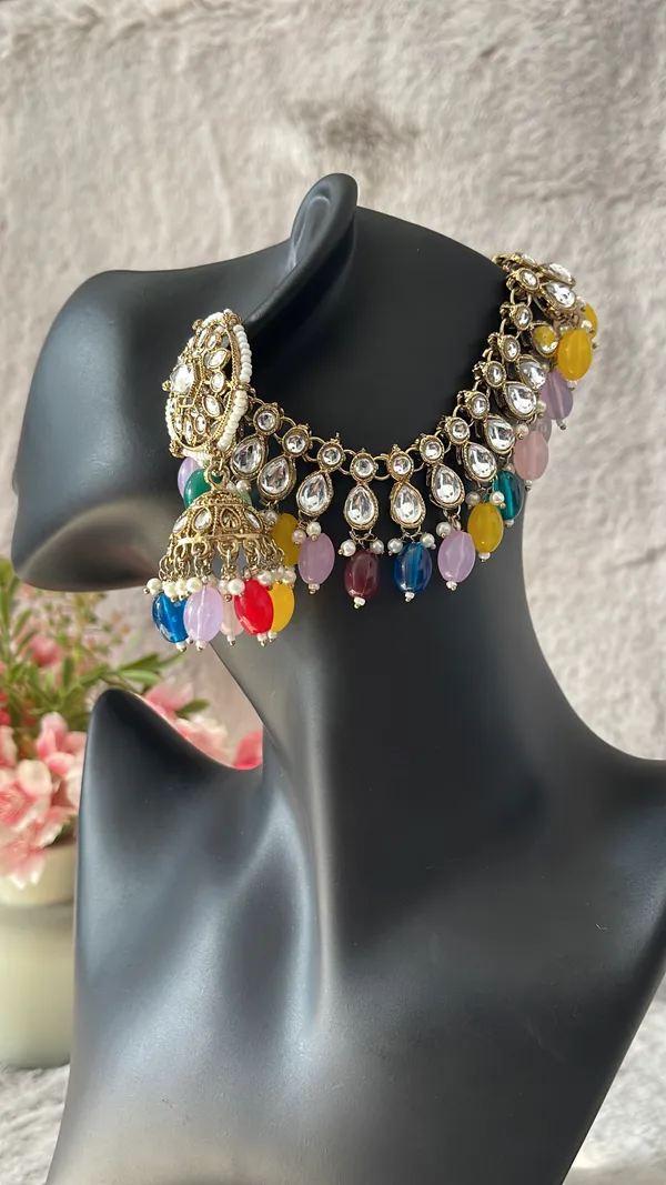 Multicolour_Kundan_Jhumka_Earrings_With_Ear_Chain_For_Women