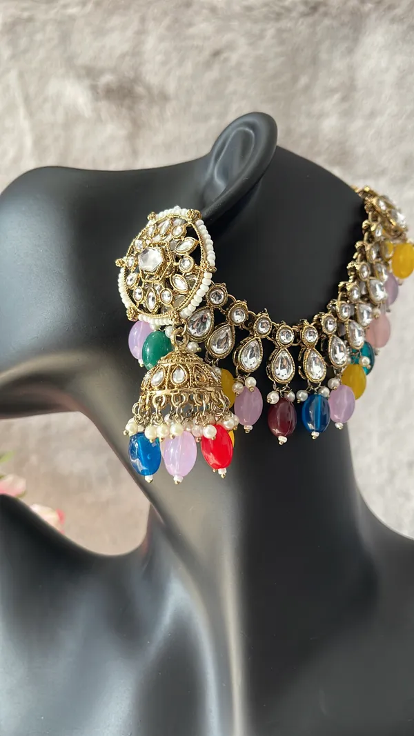 Multicolour_Kundan_Jhumka_Earrings_With_Ear_Chain_For_Women