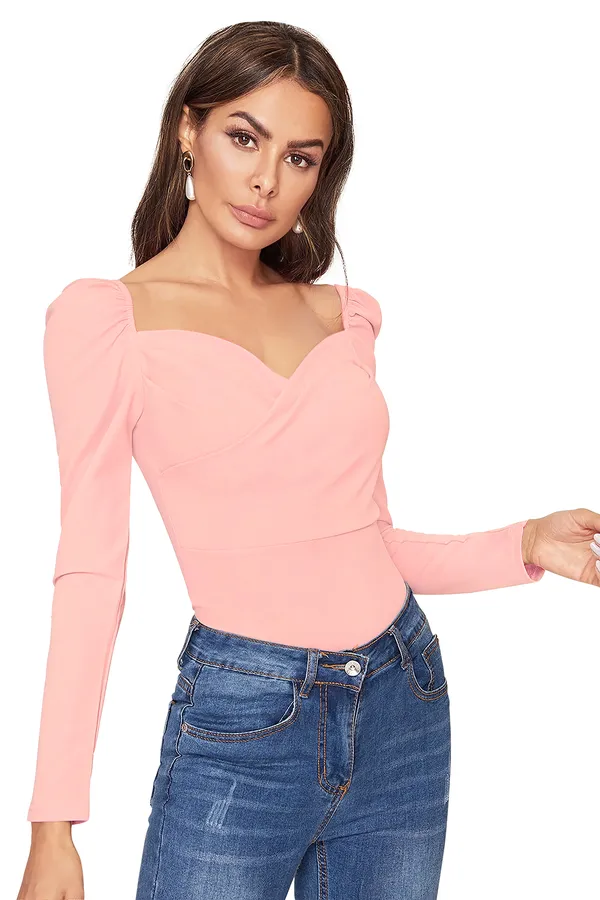 Peach_Sweetheart_Neck_Full_Sleeve_Slim_Fit_Fancy_Top_For_Women