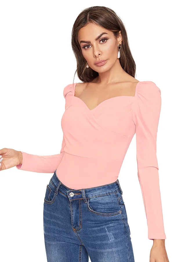 Peach_Sweetheart_Neck_Full_Sleeve_Slim_Fit_Fancy_Top_For_Women