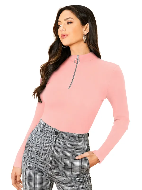 Peach_Dream_Beauty_Half_Zip_Mock_Neck_Long_Sleeve_Slim_Fit_Casual_Tee_Top_For_Women