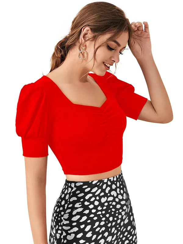 Red_Sweetheart_Neck_Puff_Sleeve_Slim_Fit_Poly_Spandex_Top_For_Women
