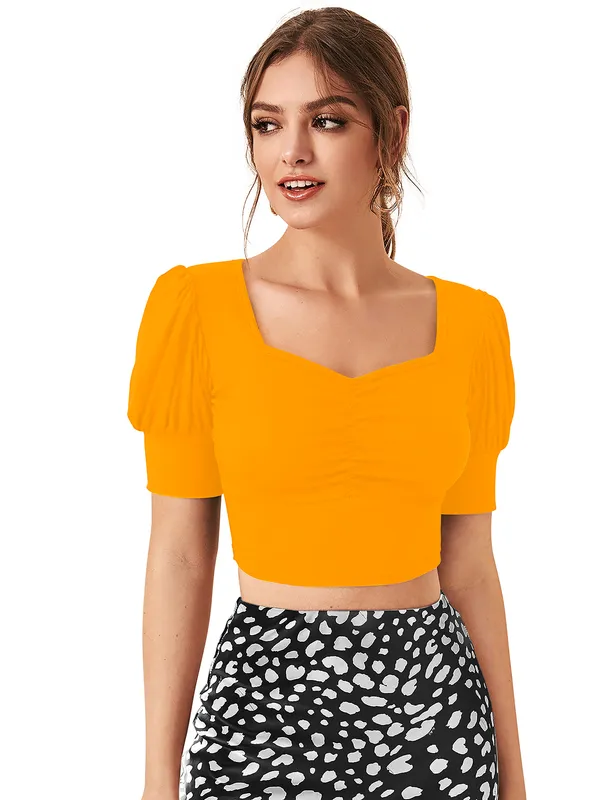 Yellow_Sweetheart_Neck_Puff_Sleeve_Slim_Fit_Poly_Spandex_Top_For_Women
