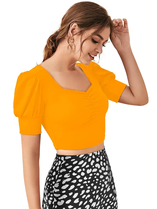 Yellow_Sweetheart_Neck_Puff_Sleeve_Slim_Fit_Poly_Spandex_Top_For_Women