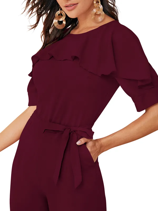 Maroon_Solid_With_Matching_Belt_Jumpsuit_For_Women