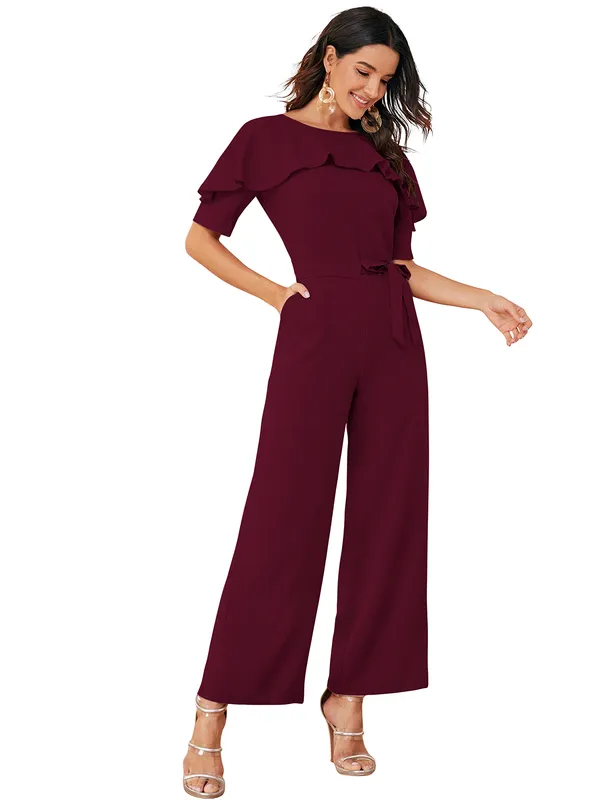 Maroon_Solid_With_Matching_Belt_Jumpsuit_For_Women