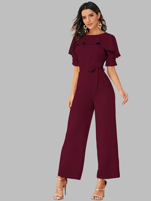Maroon_Solid_With_Matching_Belt_Jumpsuit_For_Women