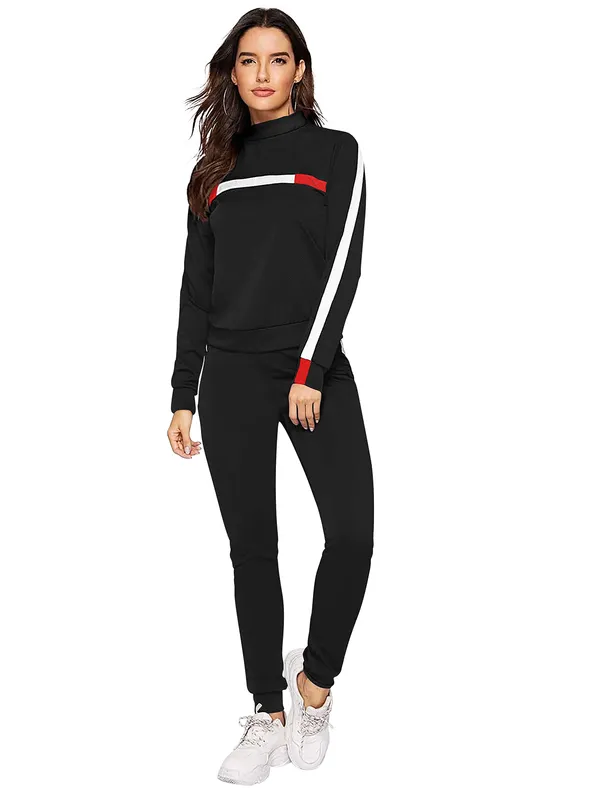Black_Solid_Full_Sleeve_Stylish_With_Side_&_Chest_Stripe_Design_Slim_Fit_Jogger_Pants_Soft_Stretchable_Casual_Tracksuit_Set_For_Women