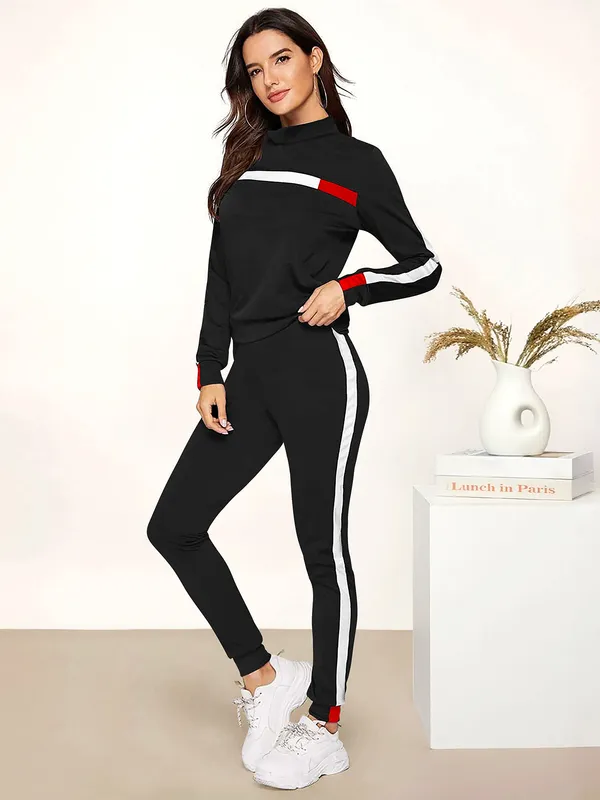 Black_Solid_Full_Sleeve_Stylish_With_Side_&_Chest_Stripe_Design_Slim_Fit_Jogger_Pants_Soft_Stretchable_Casual_Tracksuit_Set_For_Women