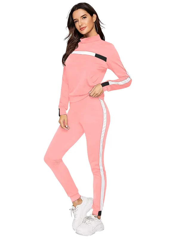 Peach_Solid_Full_Sleeve_Stylish_With_Side_&_Chest_Stripe_Design_Slim_Fit_Jogger_Pants_Soft_Stretchable_Casual_Tracksuit_Set_For_Women