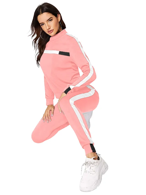 Peach_Solid_Full_Sleeve_Stylish_With_Side_&_Chest_Stripe_Design_Slim_Fit_Jogger_Pants_Soft_Stretchable_Casual_Tracksuit_Set_For_Women