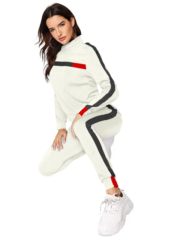 White_Solid_Full_Sleeve_Stylish_With_Side_&_Chest_Stripe_Design_Slim_Fit_Jogger_Pants_Soft_Stretchable_Casual_Tracksuit_Set_For_Women