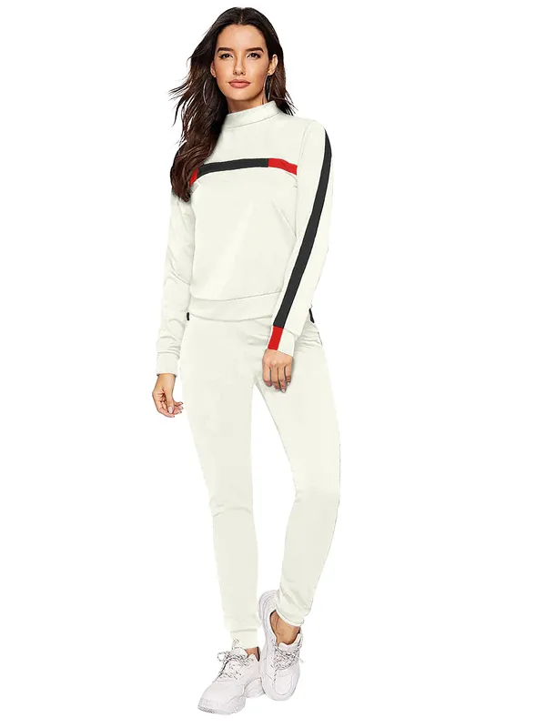 White_Solid_Full_Sleeve_Stylish_With_Side_&_Chest_Stripe_Design_Slim_Fit_Jogger_Pants_Soft_Stretchable_Casual_Tracksuit_Set_For_Women