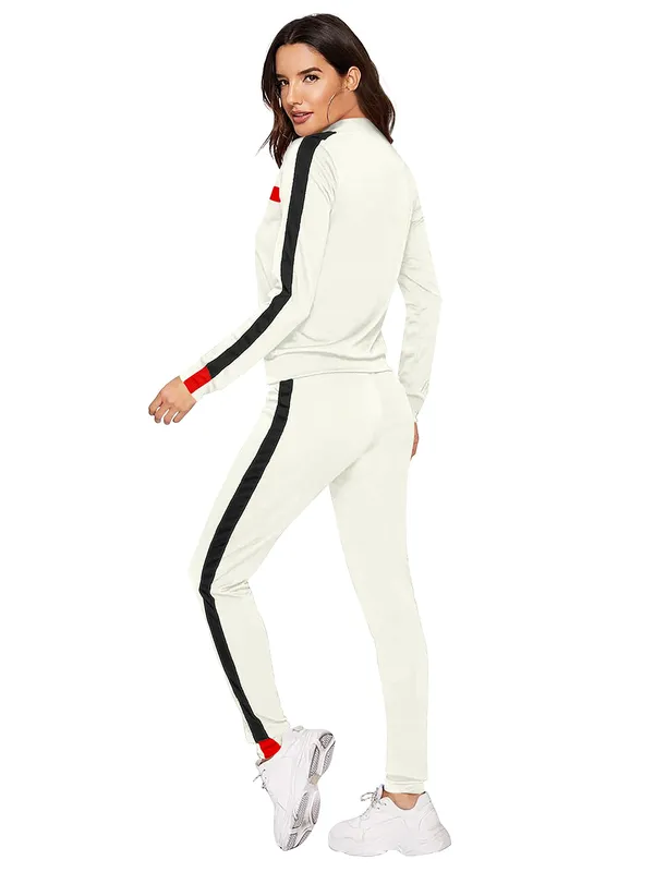 White_Solid_Full_Sleeve_Stylish_With_Side_&_Chest_Stripe_Design_Slim_Fit_Jogger_Pants_Soft_Stretchable_Casual_Tracksuit_Set_For_Women