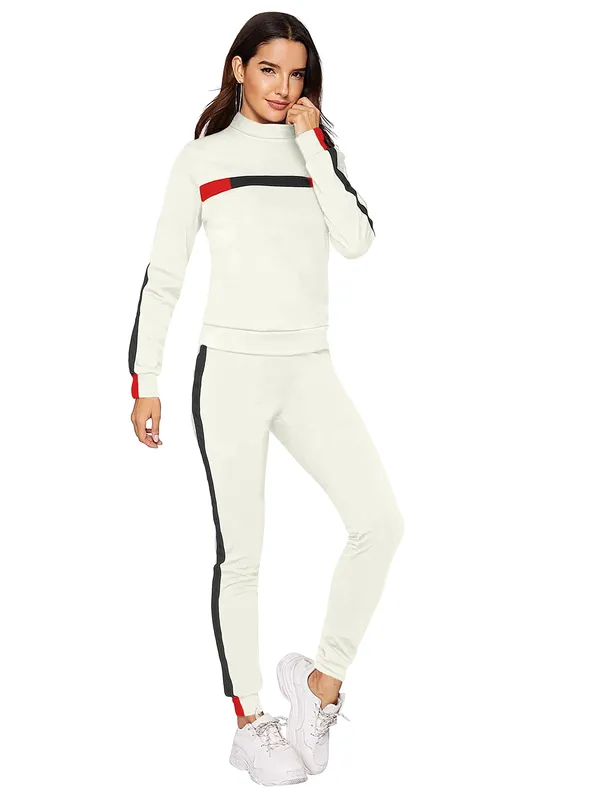 White_Solid_Full_Sleeve_Stylish_With_Side_&_Chest_Stripe_Design_Slim_Fit_Jogger_Pants_Soft_Stretchable_Casual_Tracksuit_Set_For_Women