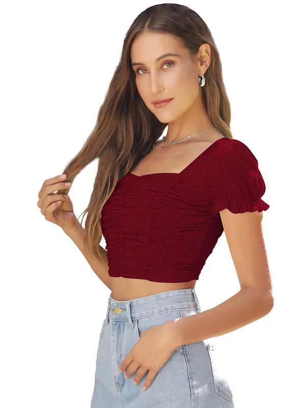 Maroon_Solid_Short_Puff_Sleeve_Slim_Fit_Top_For_Women