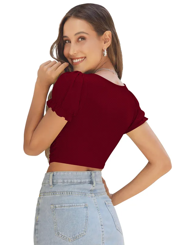Maroon_Solid_Short_Puff_Sleeve_Slim_Fit_Top_For_Women