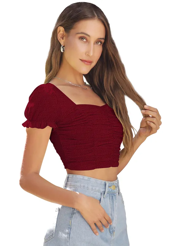 Maroon_Solid_Short_Puff_Sleeve_Slim_Fit_Top_For_Women