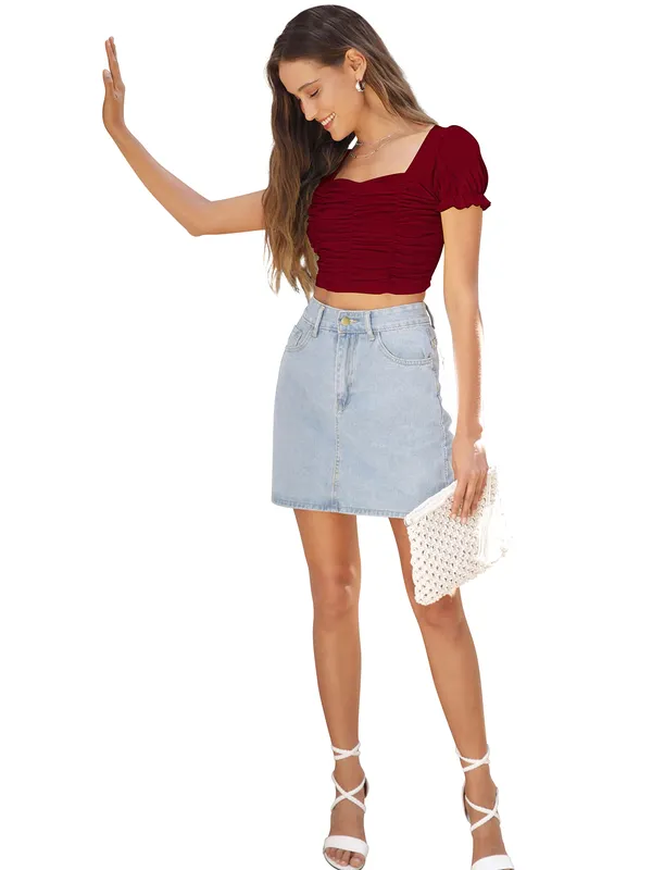 Maroon_Solid_Short_Puff_Sleeve_Slim_Fit_Top_For_Women