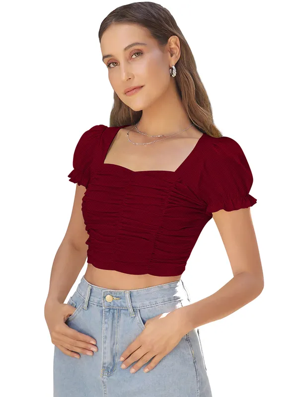 Maroon_Solid_Short_Puff_Sleeve_Slim_Fit_Top_For_Women
