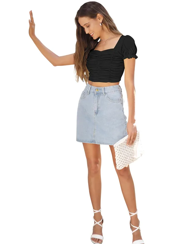 Black_Solid_Short_Puff_Sleeve_Slim_Fit_Top_For_Women