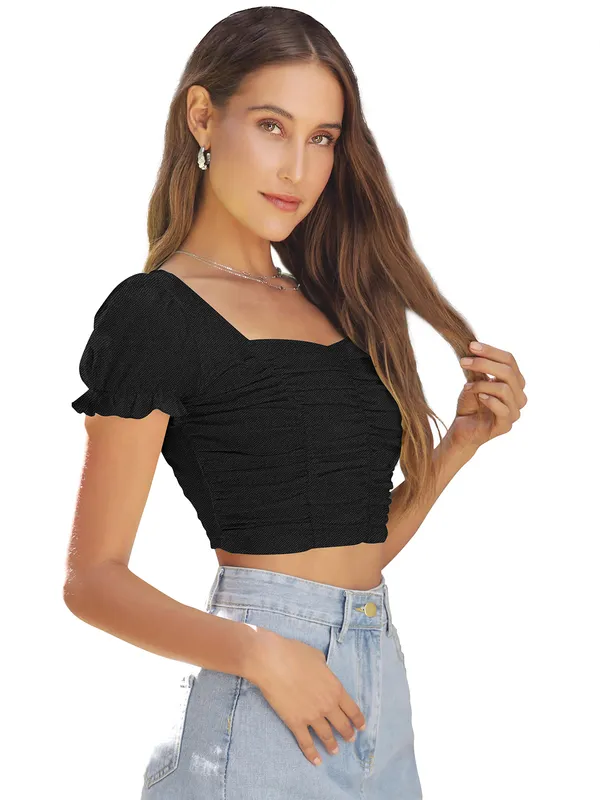 Black_Solid_Short_Puff_Sleeve_Slim_Fit_Top_For_Women