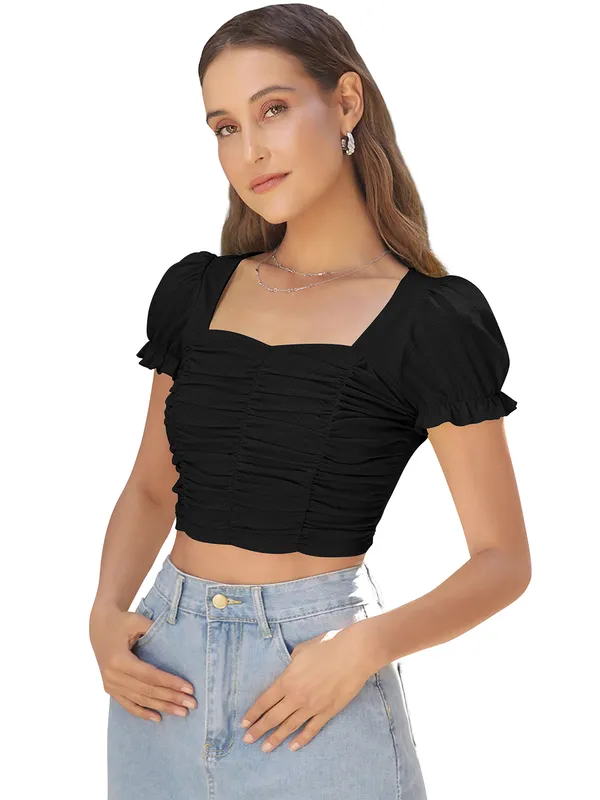 Black_Solid_Short_Puff_Sleeve_Slim_Fit_Top_For_Women