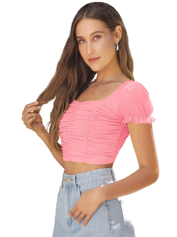 Peach_Solid_Short_Puff_Sleeve_Slim_Fit_Top_For_Women