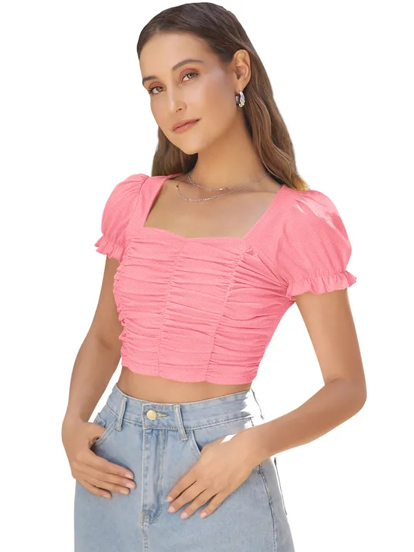 Peach_Solid_Short_Puff_Sleeve_Slim_Fit_Top_For_Women
