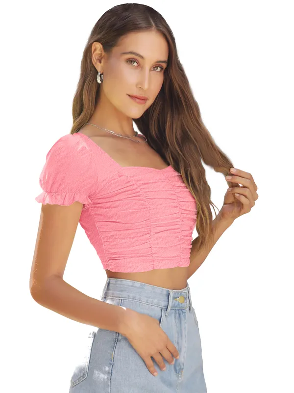 Peach_Solid_Short_Puff_Sleeve_Slim_Fit_Top_For_Women