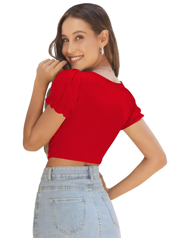 Red_Solid_Short_Puff_Sleeve_Slim_Fit_Top_For_Women