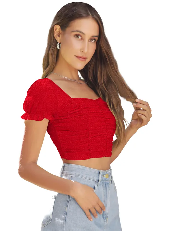 Red_Solid_Short_Puff_Sleeve_Slim_Fit_Top_For_Women