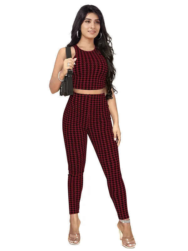 Maroon_Houndstooth_Print_Casual_Two-Piece_Top_And_Joggers_For_Women