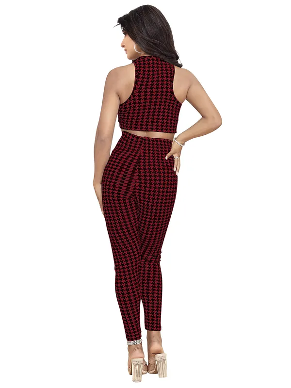 Maroon_Houndstooth_Print_Casual_Two-Piece_Top_And_Joggers_For_Women