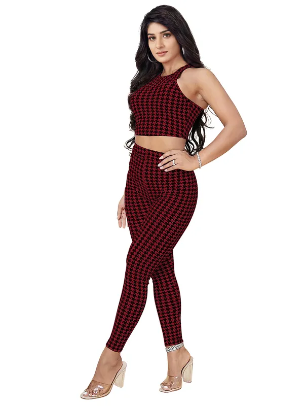 Maroon_Houndstooth_Print_Casual_Two-Piece_Top_And_Joggers_For_Women