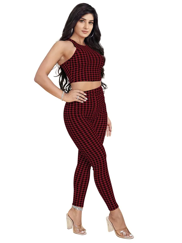 Maroon_Houndstooth_Print_Casual_Two-Piece_Top_And_Joggers_For_Women