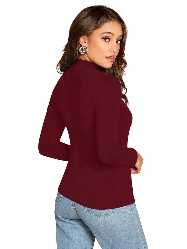 Maroon_Choker_Neck_Cut_Out_Keyhole_Long_Sleeve_Tee_Tops_For_Women