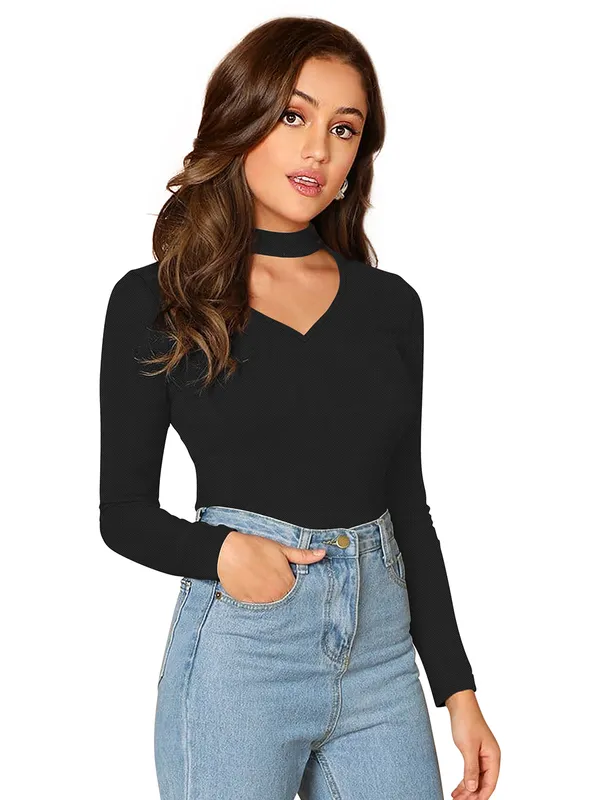 Black_Choker_Neck_Cut_Out_Keyhole_Long_Sleeve_Tee_Tops_For_Women
