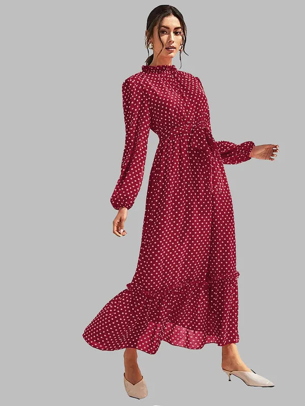 Maroon_Fashion_Elegant_Dress_V-Neck_Polka_Dot_Printed_Long_Sleeve_Casual_Loose_Cute_Dress_For_Women