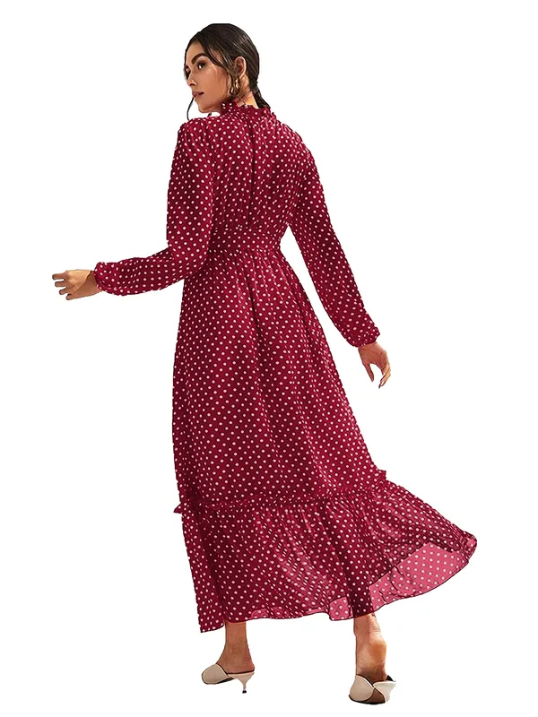 Maroon_Fashion_Elegant_Dress_V-Neck_Polka_Dot_Printed_Long_Sleeve_Casual_Loose_Cute_Dress_For_Women